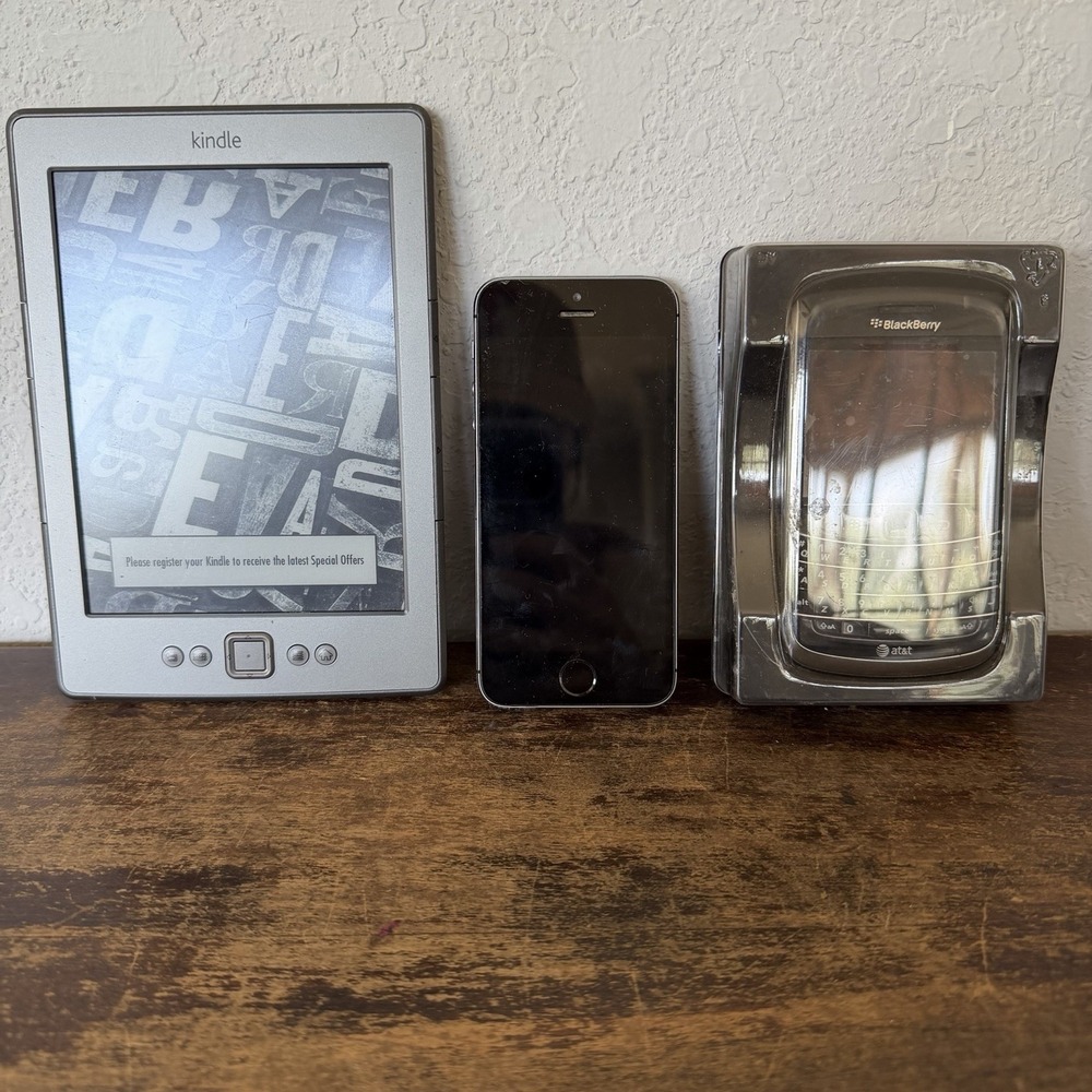 Vintage Tech Lot: Working Kindle 4, Locked iPhone 5, Untested BlackBerry 9700